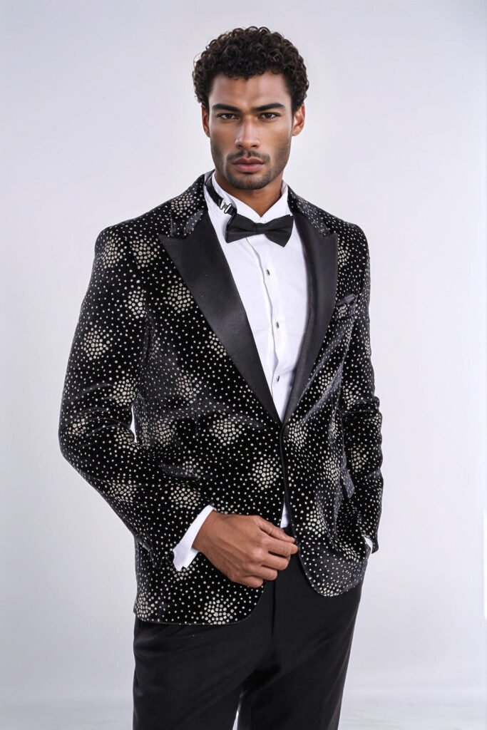 Slim Fit Dot Patterned Black Men Prom Blazer