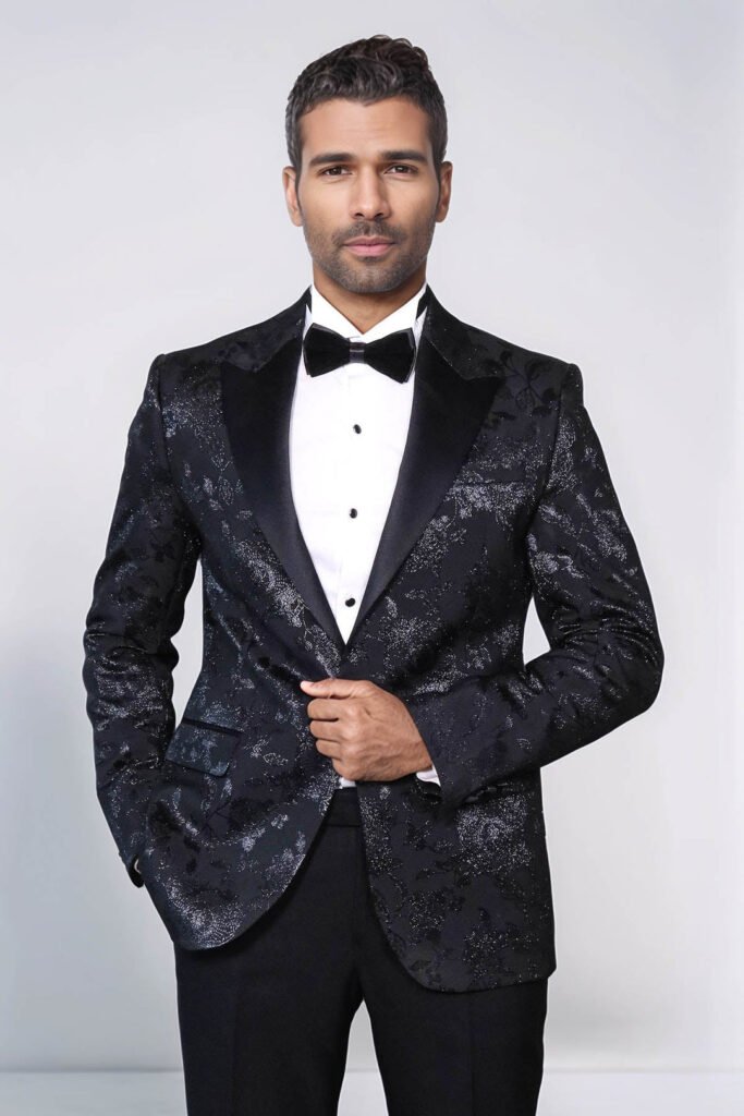 Floral Patterned Shiny Peak Lapel Black Men Prom Blazer