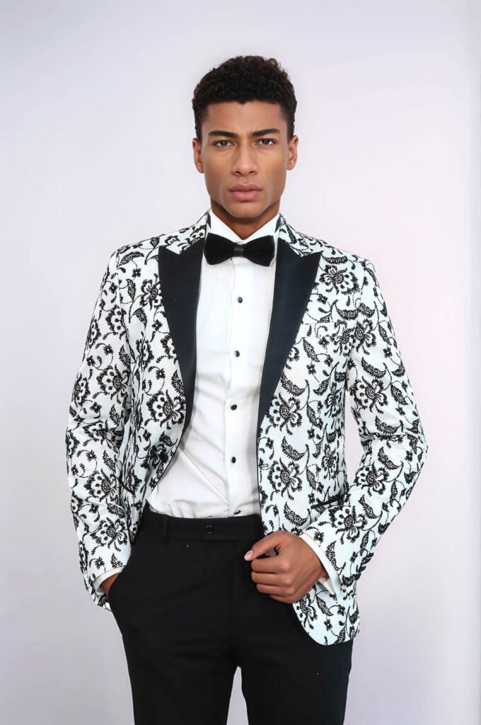 Floral Patterned Peak Lapel White Men Prom Blazer