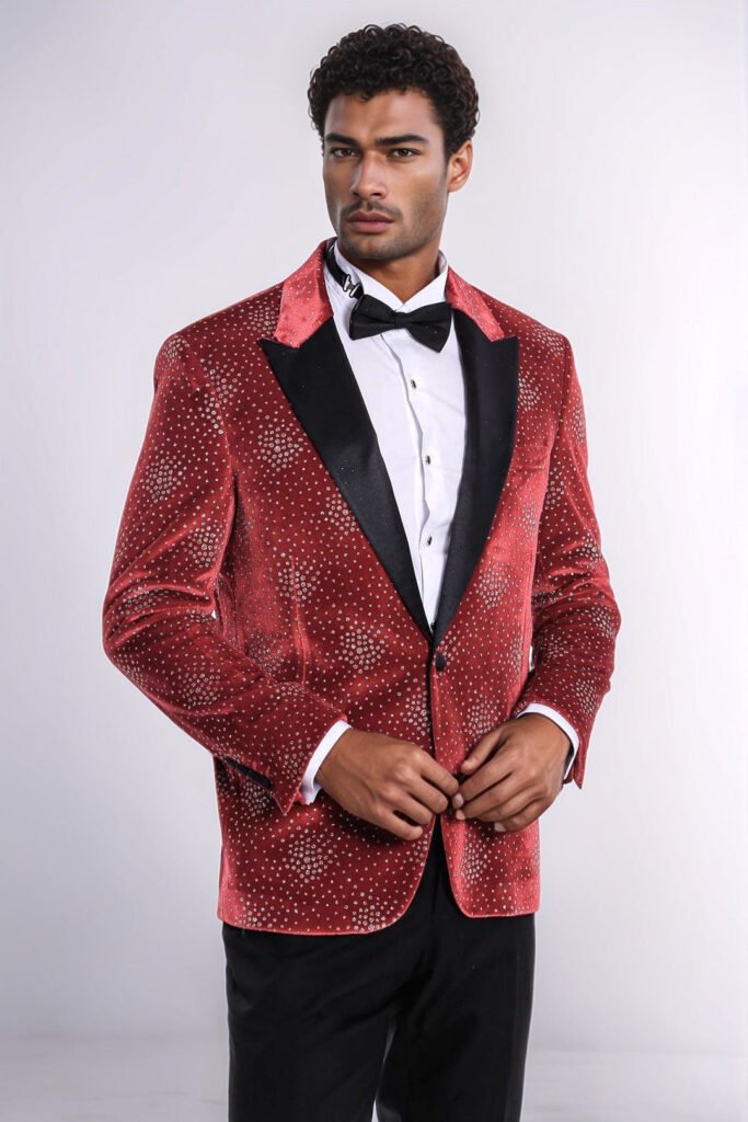 Dot Patterned Peak Lapel Burgundy Men Prom Blazer
