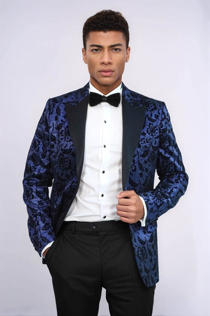 Floral Patterned Peak Lapel Navy Blue Men Prom Blazer