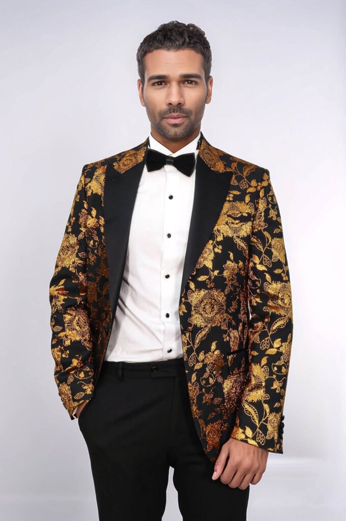 Floral Patterned Slim Fit Yellow Men Prom Blazer