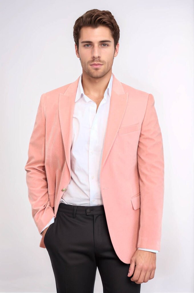 Wide Lapel Velvet Pink Men Blazer