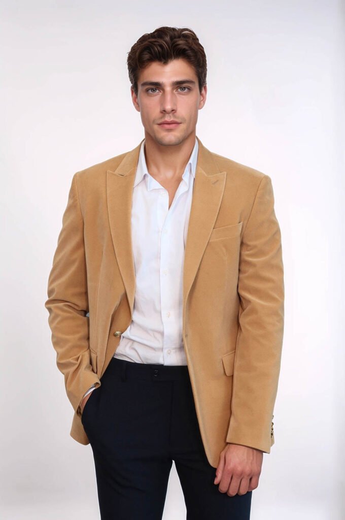 Wide Lapel Velvet Apricot Men Blazer