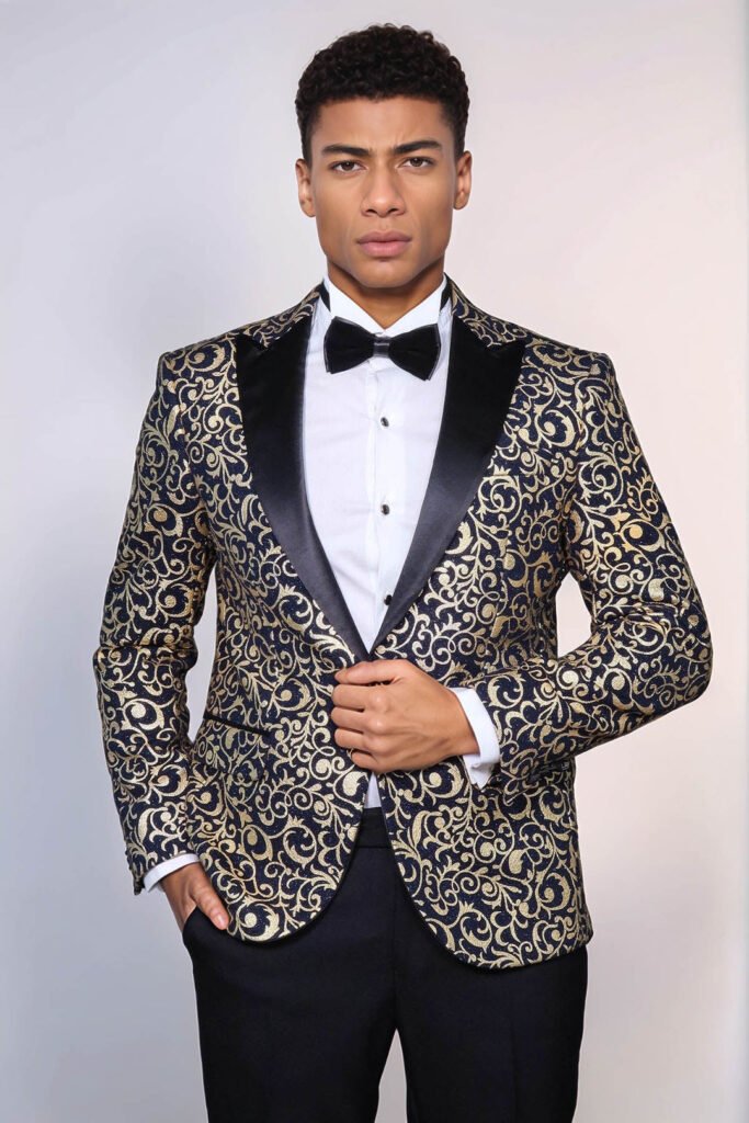 Gold Patterned Over Navy Men Prom Blazer