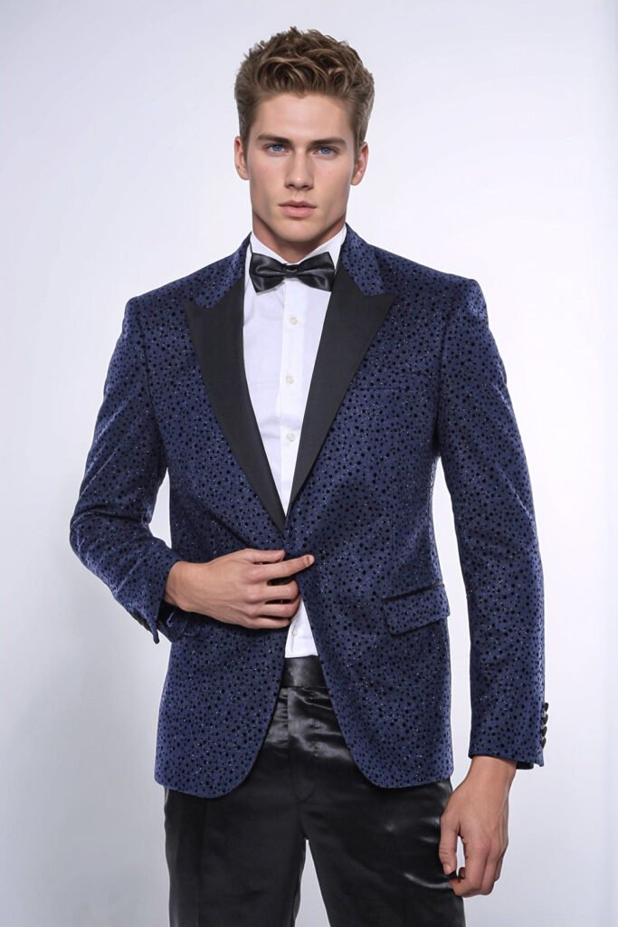 Shiny Dot Patterned Navy Blue Men Prom Blazer