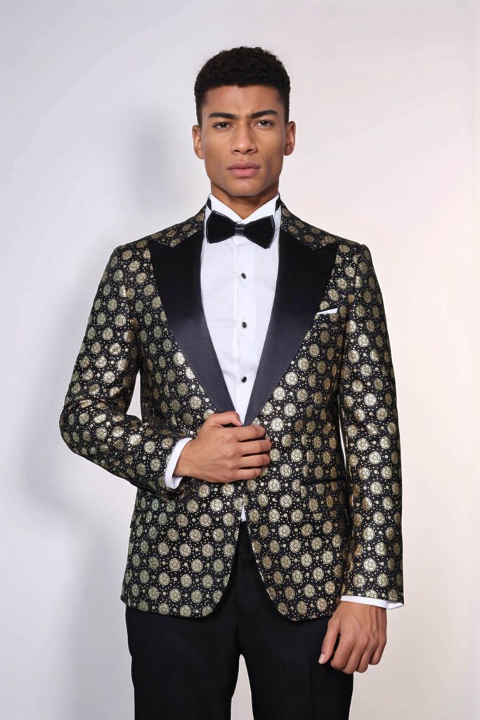 Floral Patterned Peak Lapel Black Men Prom Blazer