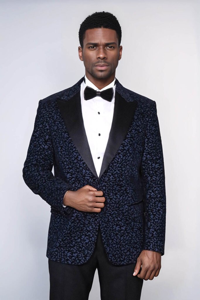 Scroll Patterned Navy Blue Men Prom Blazer