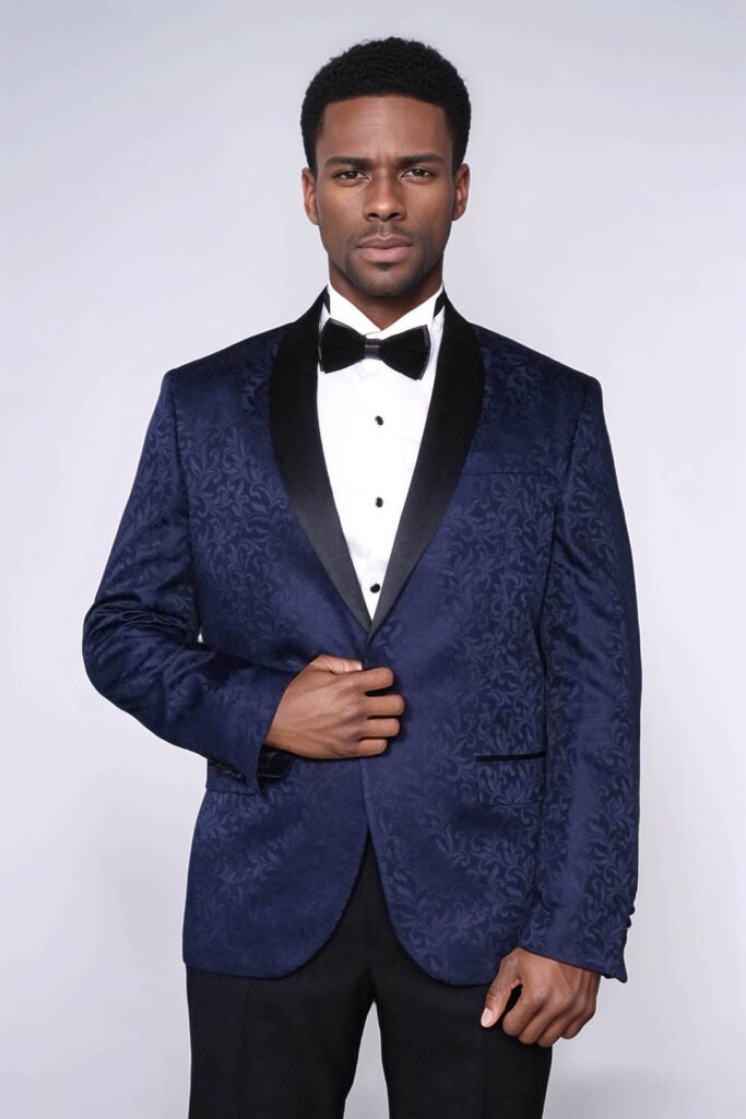 Shawl Lapel Floral Patterned Navy Blue Men Prom Blazer