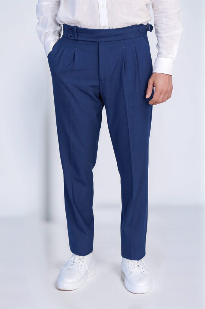 Saks Blue Double Pleated Buckled High Waist Slim Fit Trousers