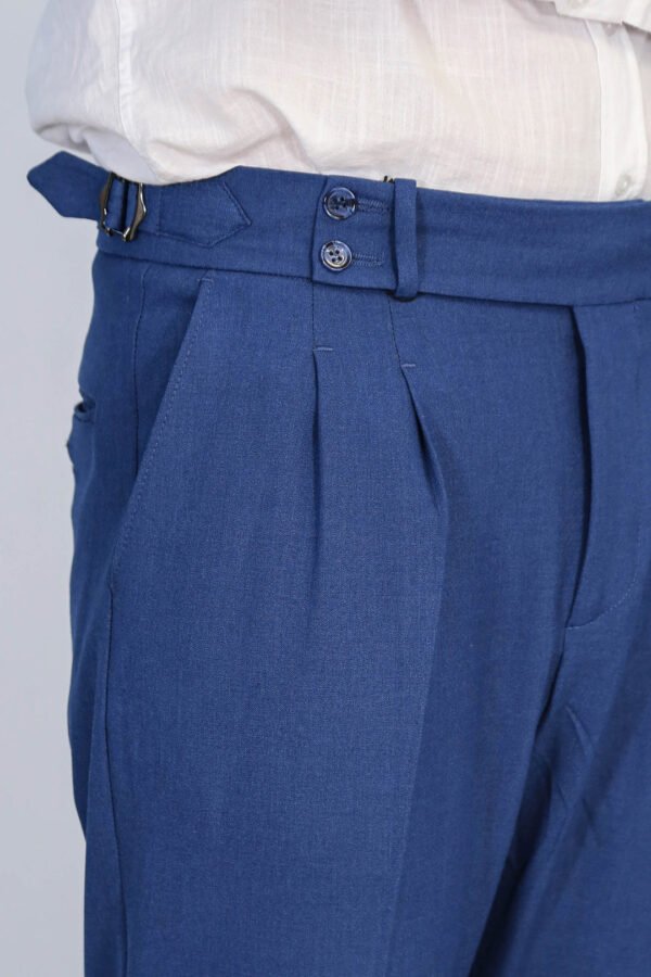 Saks Blue Double Pleated Buckled High Waist Slim Fit Trousers