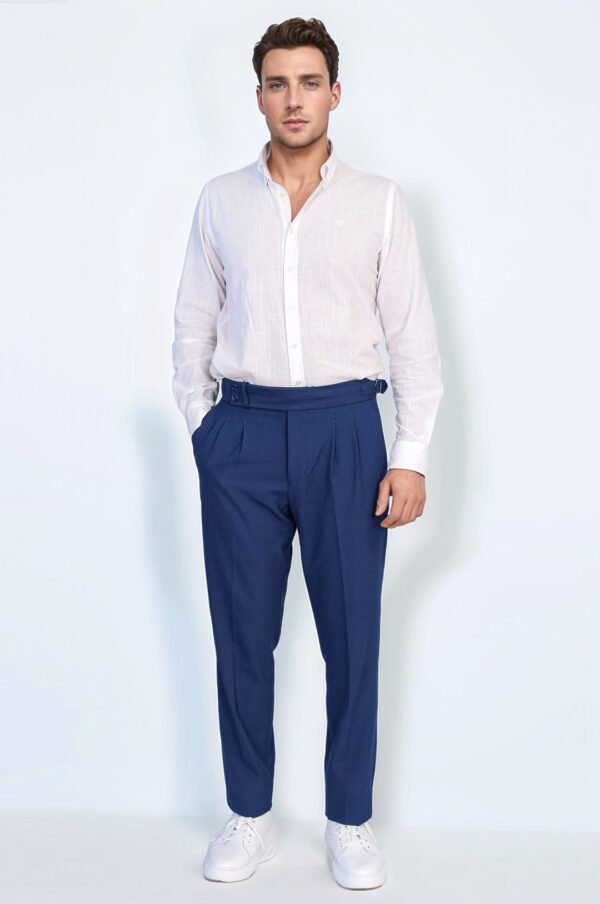 Saks Blue Double Pleated Buckled High Waist Slim Fit Trousers