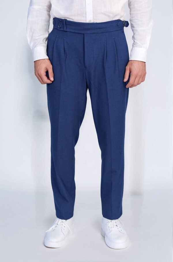 Saks Blue Double Pleated Buckled High Waist Slim Fit Trousers