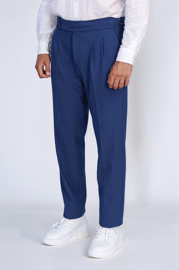 Saks Blue Double Pleated Buckled High Waist Slim Fit Trousers