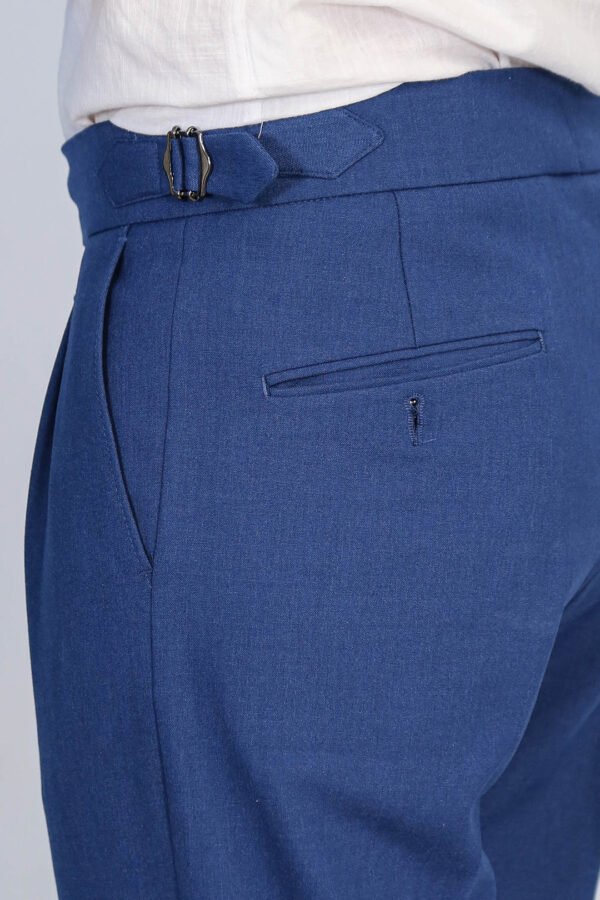 Saks Blue Double Pleated Buckled High Waist Slim Fit Trousers