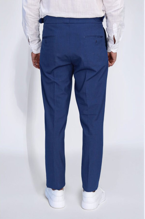 Saks Blue Double Pleated Buckled High Waist Slim Fit Trousers