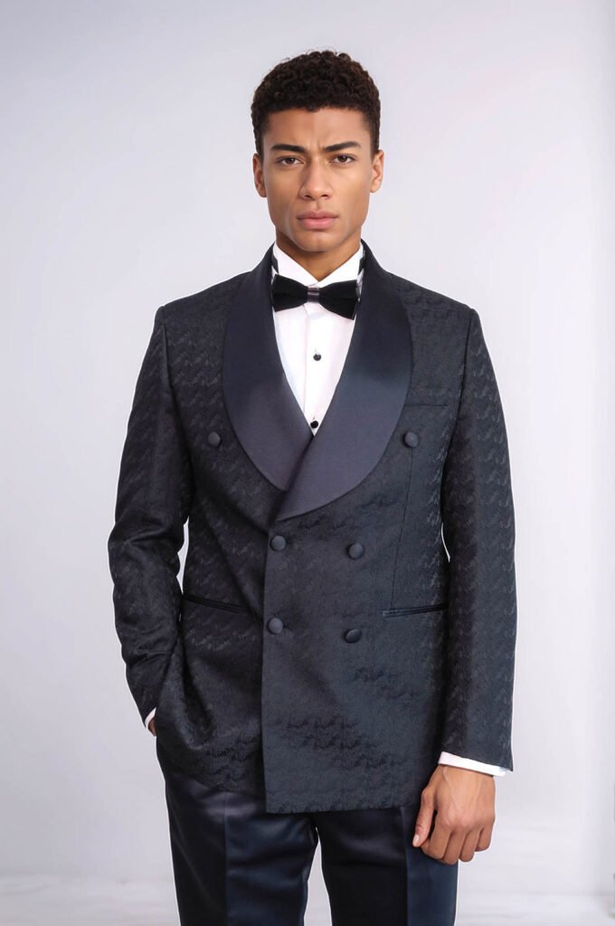 Satin Shawl Collar Patterned Double Breasted Black Men Tuxedo Suit