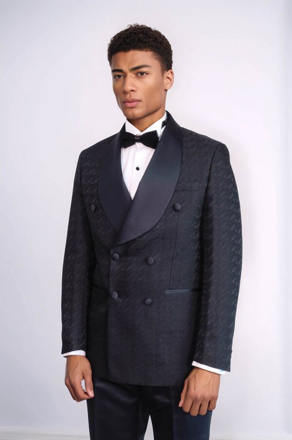 Satin Shawl Collar Patterned Double Breasted Black Men Tuxedo Suit