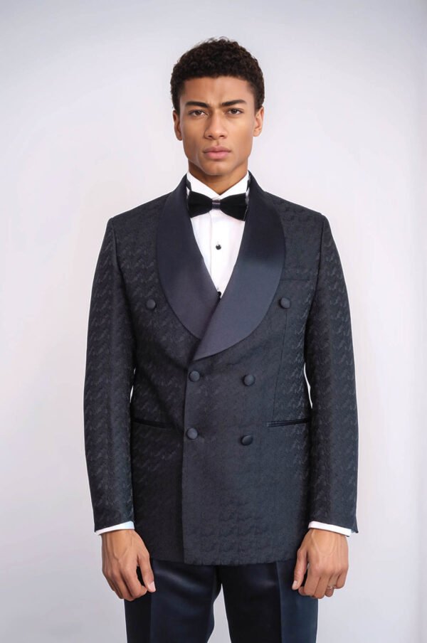 Satin Shawl Collar Patterned Double Breasted Black Men Tuxedo Suit