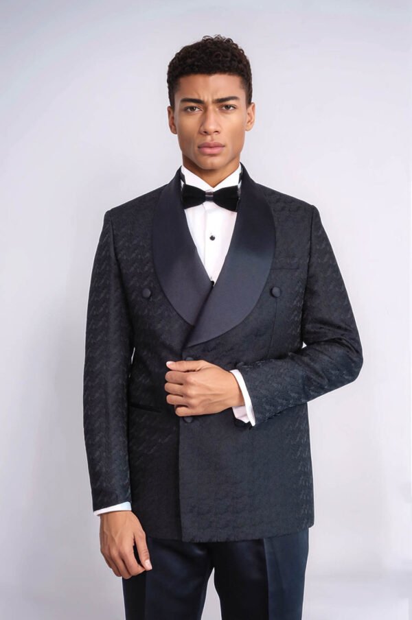 Satin Shawl Collar Patterned Double Breasted Black Men Tuxedo Suit