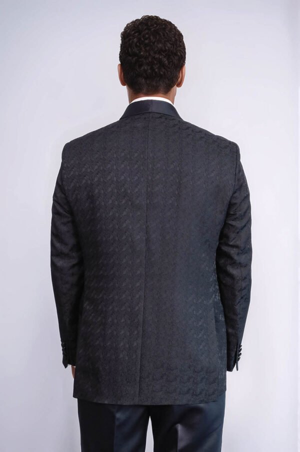 Satin Shawl Collar Patterned Double Breasted Black Men Tuxedo Suit