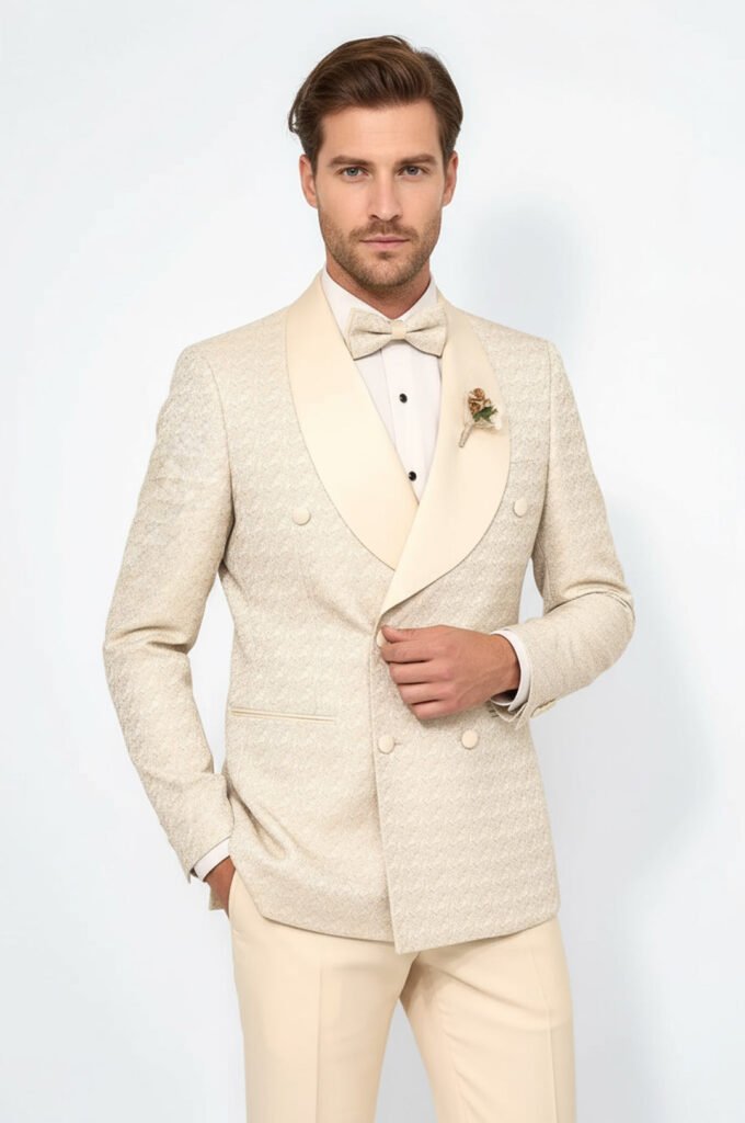 Satin Shawl Collar Patterned Double Breasted Champagne Men Tuxedo Suit
