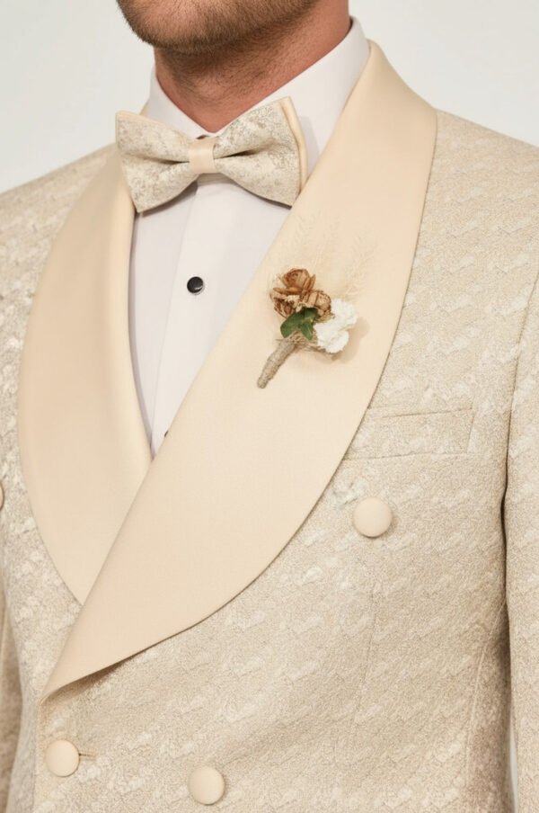 Satin Shawl Collar Patterned Double Breasted Champagne Men Tuxedo Suit