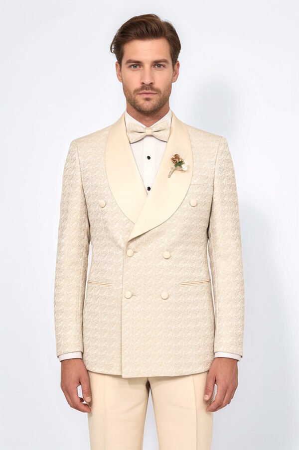Satin Shawl Collar Patterned Double Breasted Champagne Men Tuxedo Suit