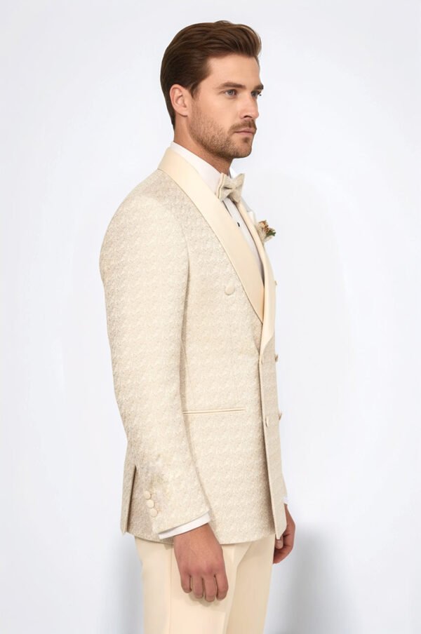 Satin Shawl Collar Patterned Double Breasted Champagne Men Tuxedo Suit