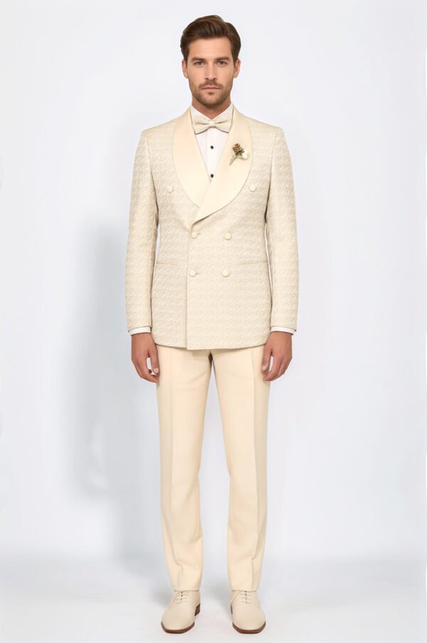 Satin Shawl Collar Patterned Double Breasted Champagne Men Tuxedo Suit