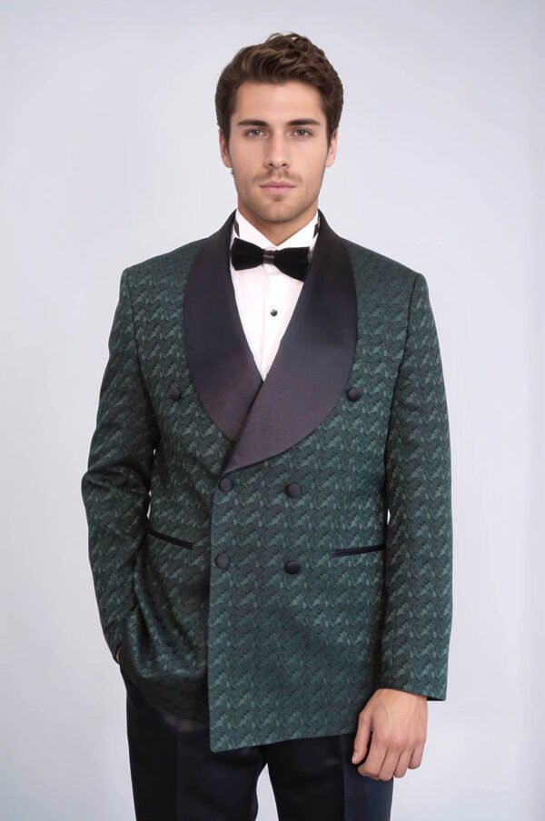 Satin Shawl Collar Patterned Double Breasted Dark Green Men Tuxedo Suit