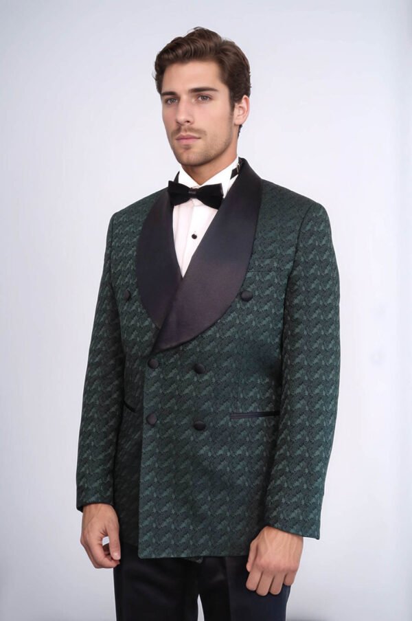Satin Shawl Collar Patterned Double Breasted Dark Green Men Tuxedo Suit