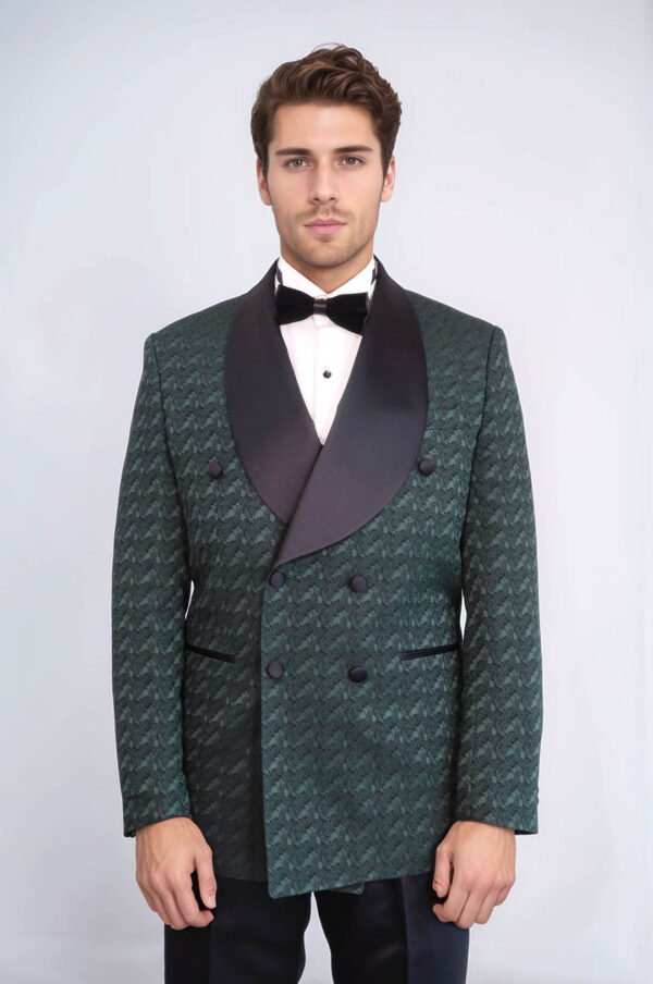 Satin Shawl Collar Patterned Double Breasted Dark Green Men Tuxedo Suit