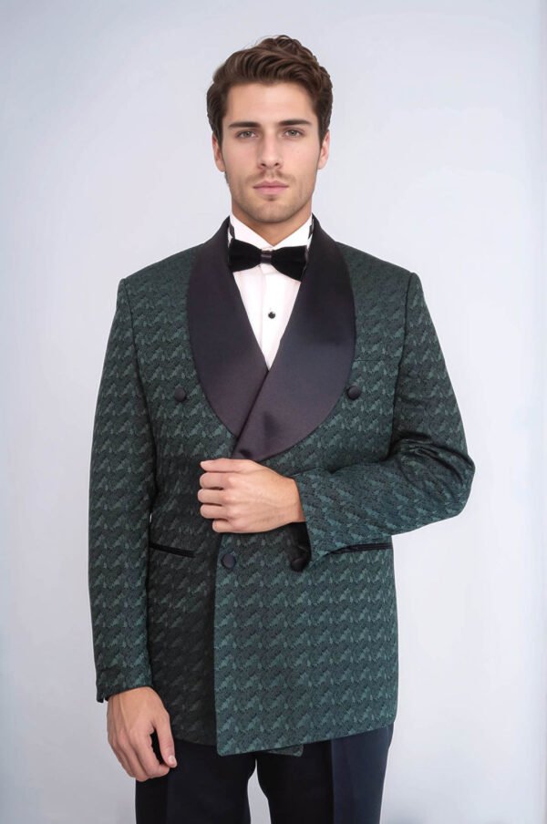 Satin Shawl Collar Patterned Double Breasted Dark Green Men Tuxedo Suit