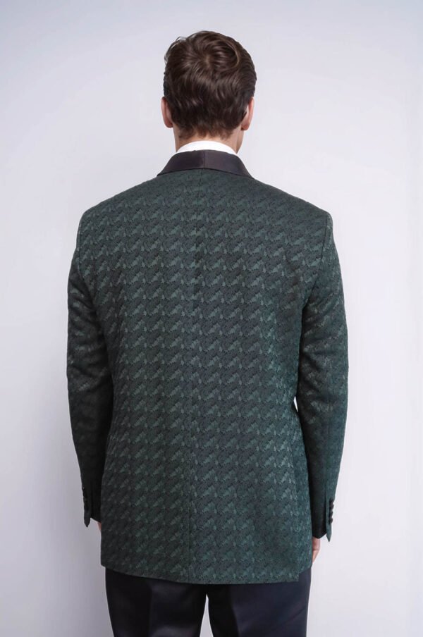 Satin Shawl Collar Patterned Double Breasted Dark Green Men Tuxedo Suit