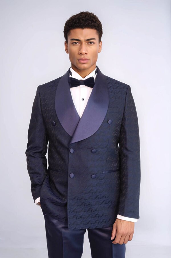 Satin Shawl Collar Patterned Double Breasted Navy Blue Men Tuxedo Suit