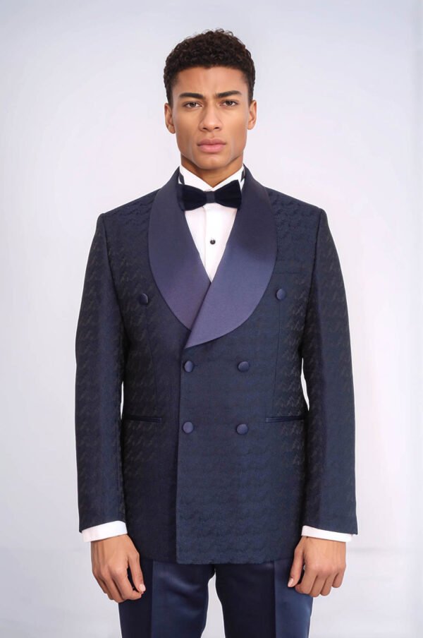 Satin Shawl Collar Patterned Double Breasted Navy Blue Men Tuxedo Suit