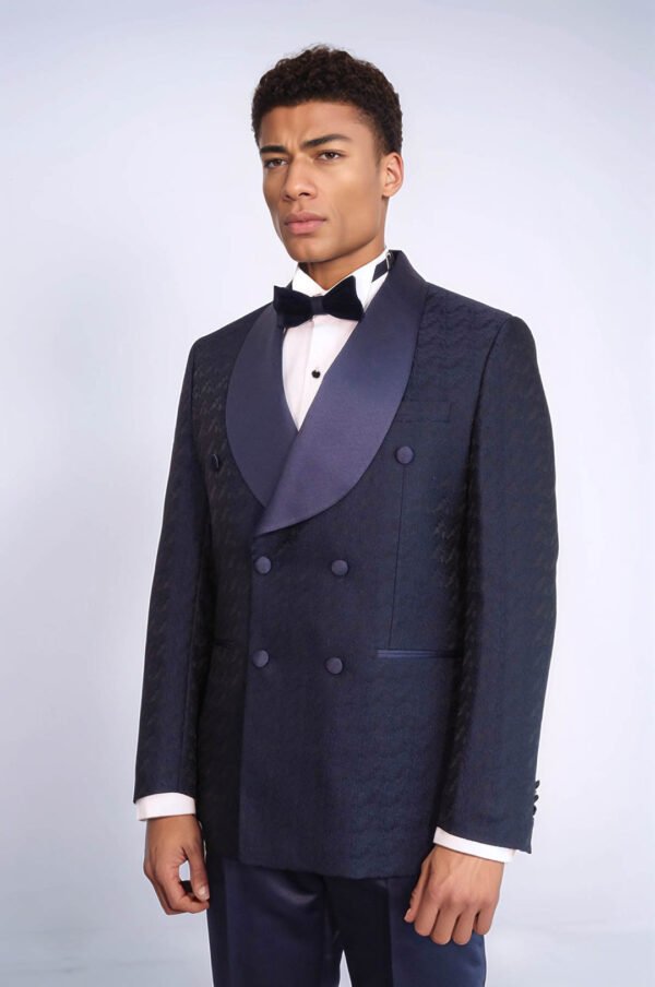 Satin Shawl Collar Patterned Double Breasted Navy Blue Men Tuxedo Suit