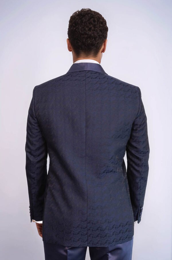 Satin Shawl Collar Patterned Double Breasted Navy Blue Men Tuxedo Suit