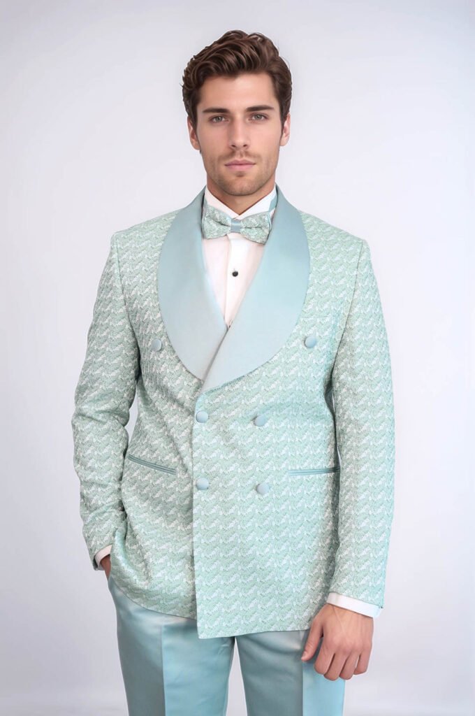 Satin Shawl Collar Patterned Double Breasted Sage Green Men Tuxedo Suit