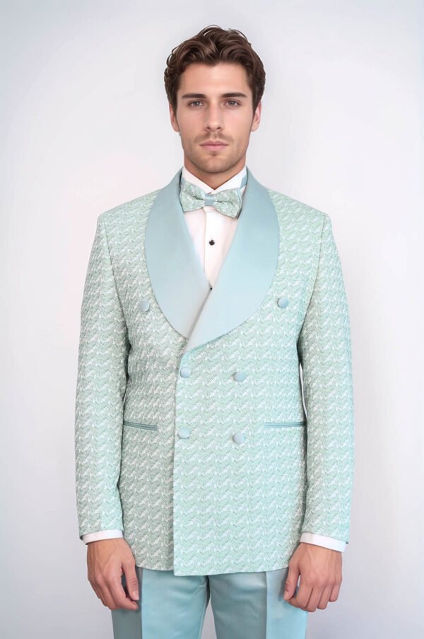 Satin Shawl Collar Patterned Double Breasted Sage Green Men Tuxedo Suit