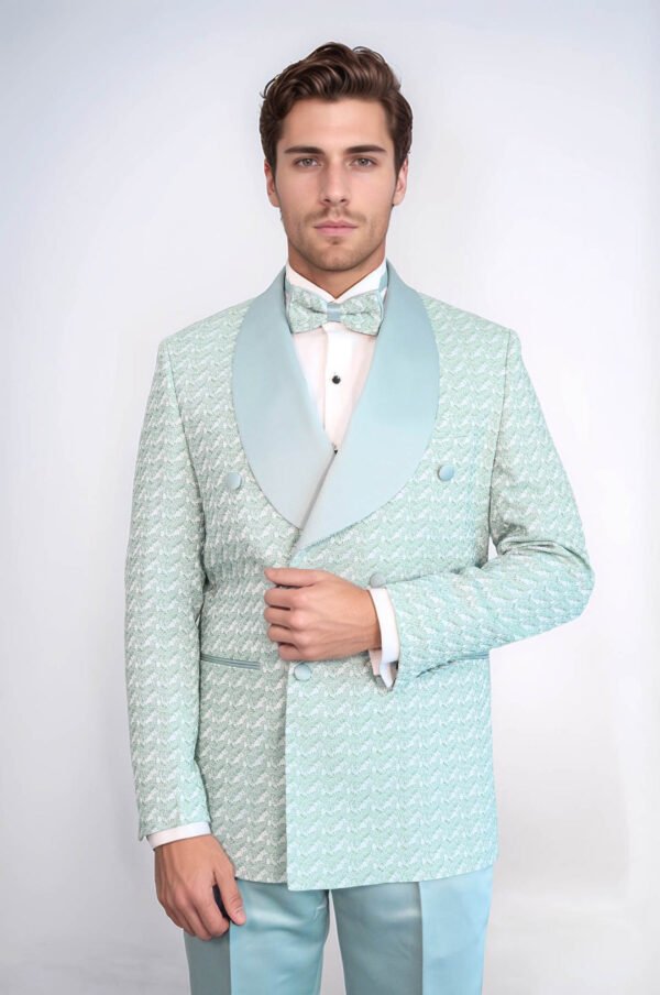 Satin Shawl Collar Patterned Double Breasted Sage Green Men Tuxedo Suit