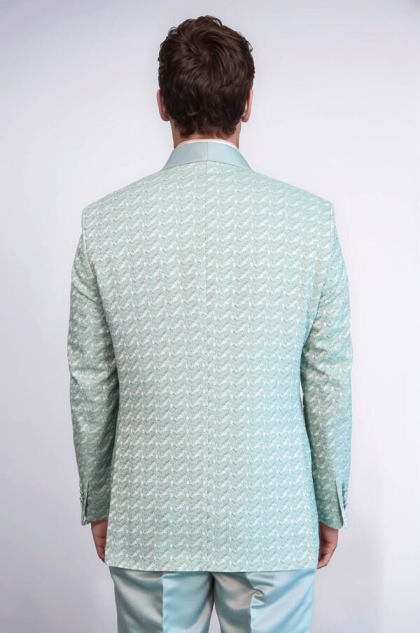 Satin Shawl Collar Patterned Double Breasted Sage Green Men Tuxedo Suit