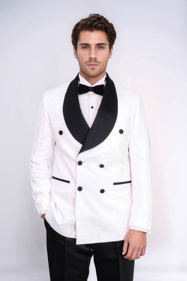 Satin Shawl Collar Patterned Double Breasted White Men Tuxedo Suit