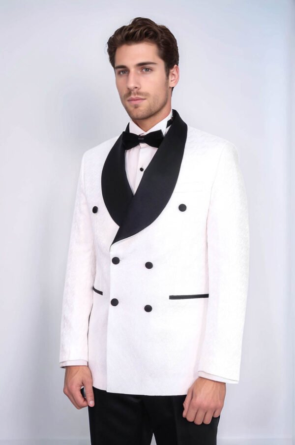 Satin Shawl Collar Patterned Double Breasted White Men Tuxedo Suit