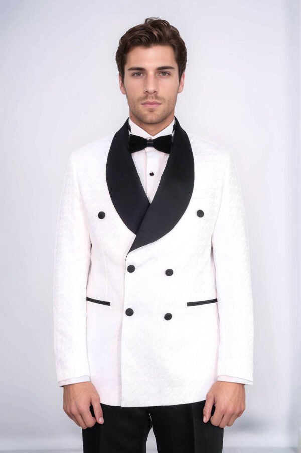Satin Shawl Collar Patterned Double Breasted White Men Tuxedo Suit