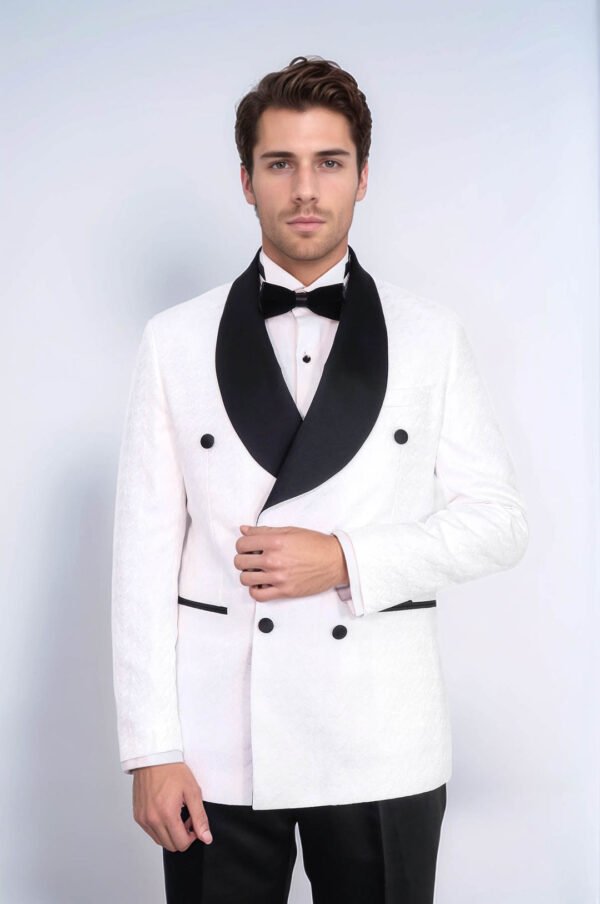 Satin Shawl Collar Patterned Double Breasted White Men Tuxedo Suit