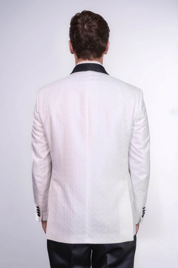 Satin Shawl Collar Patterned Double Breasted White Men Tuxedo Suit