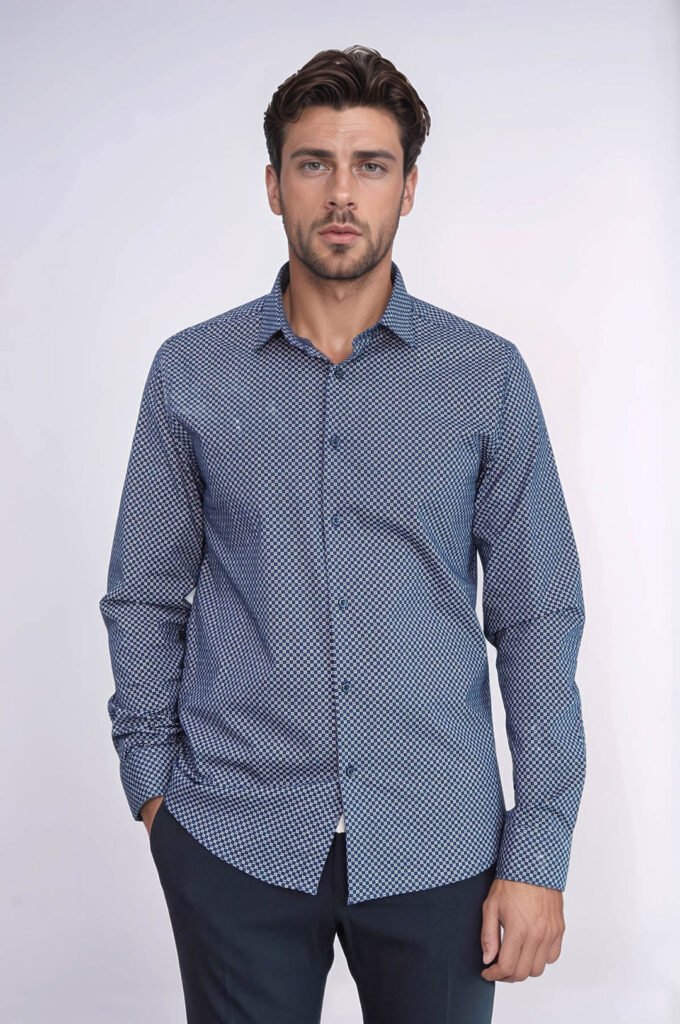 Tiny Check Patterned Slim Fit Blue Men Shirt