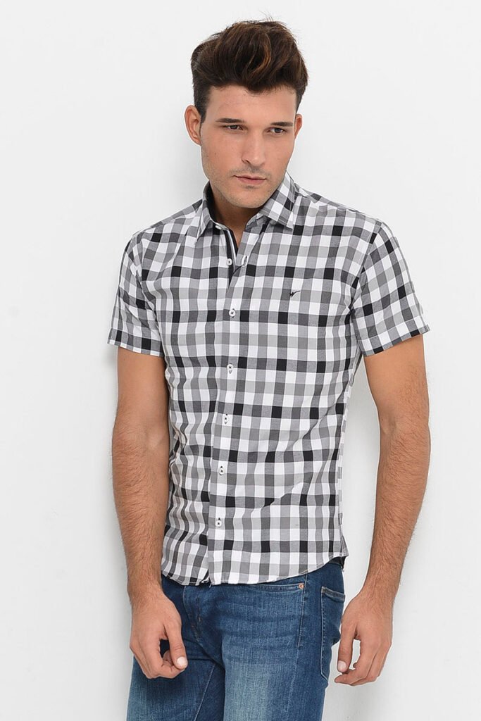 Checked Short Sleeve White-Black Men Shirt